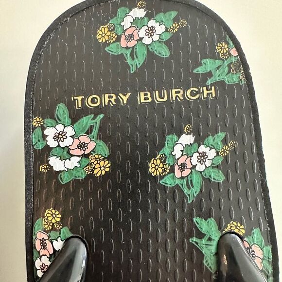 Tory Burch Black Floral Wedge Flip Flops - Picture 4 of 5